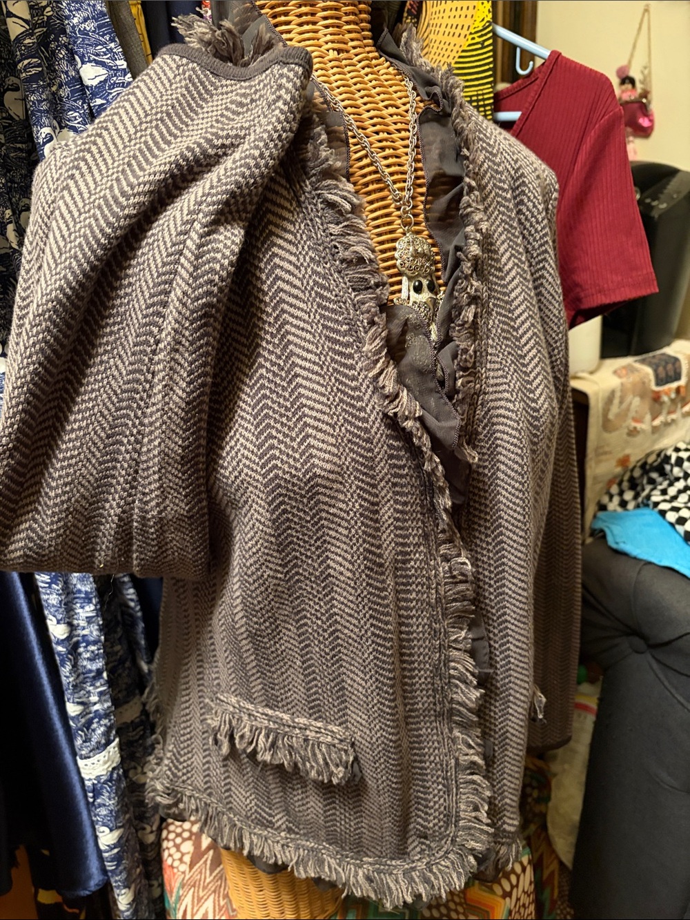 Dana Buchman Taupe Herringbone Fringe Open-Front Cardigan